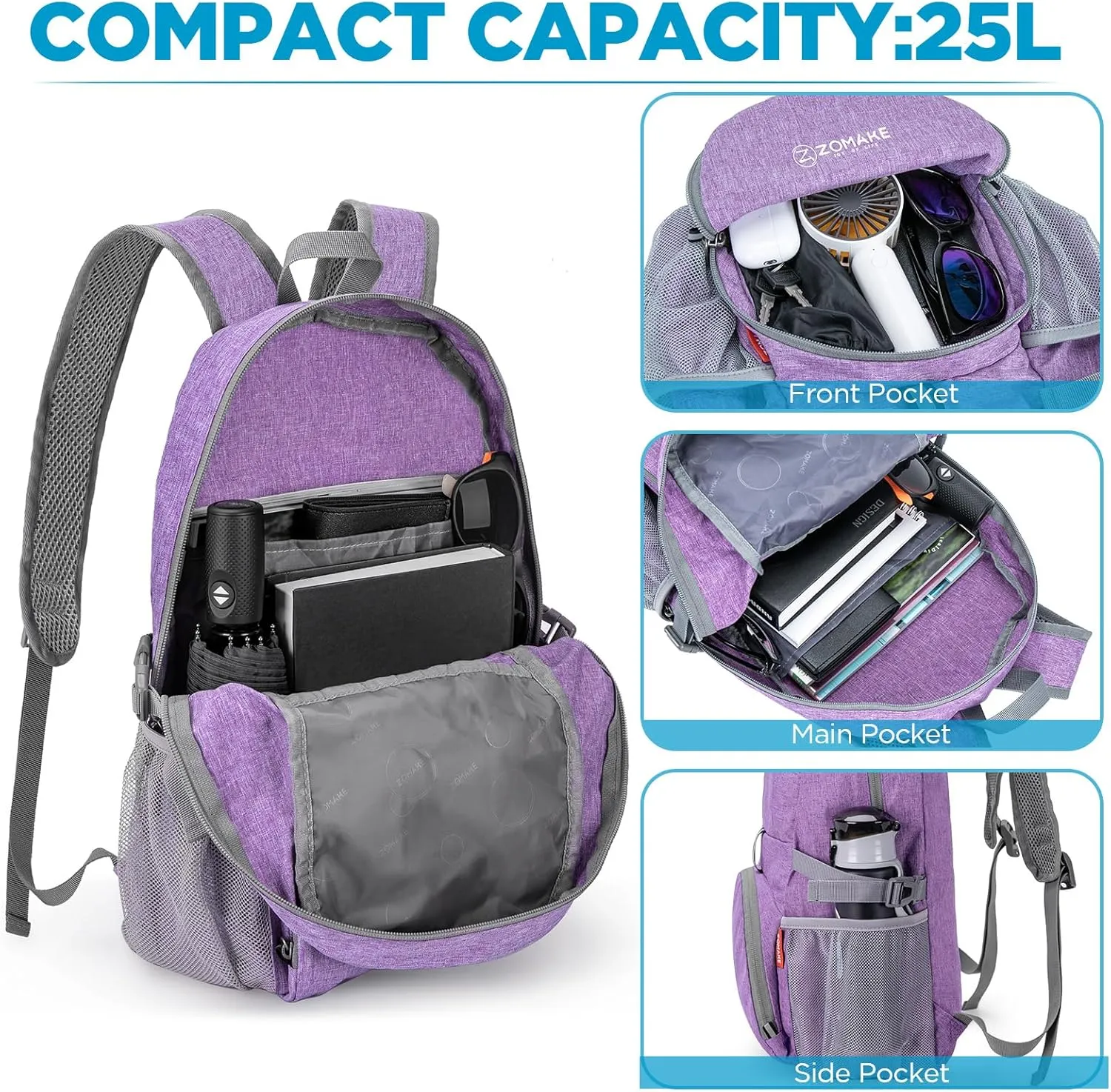 ZOMAKE Lightweight Packable Backpack 25L - Small Foldable Hiking Daypack for Travel - Tear Resistant Day pack for Women Men