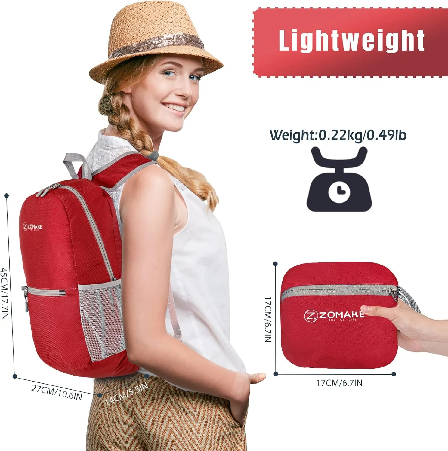 ZOMAKE Ultra Lightweight Hiking Backpack 20L, Packable Small Backpacks Water Resistant Daypack for Women Men(Bright Red)