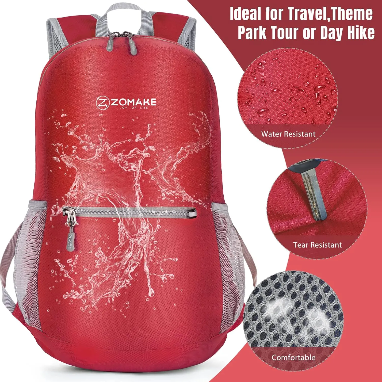 ZOMAKE Ultra Lightweight Hiking Backpack 20L, Packable Small Backpacks Water Resistant Daypack for Women Men(Bright Red)
