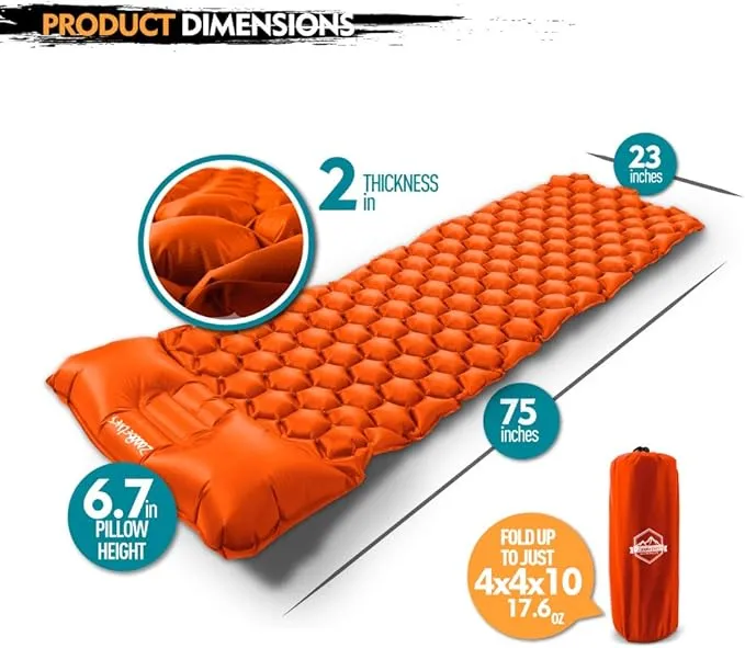 ZOOOBELIVES Ultralight Sleeping Pad with Built-in Pillow, Inflatable Camping Mattress for Backpacking, Traveling and Hiking, Compact and Portable Camp Mat