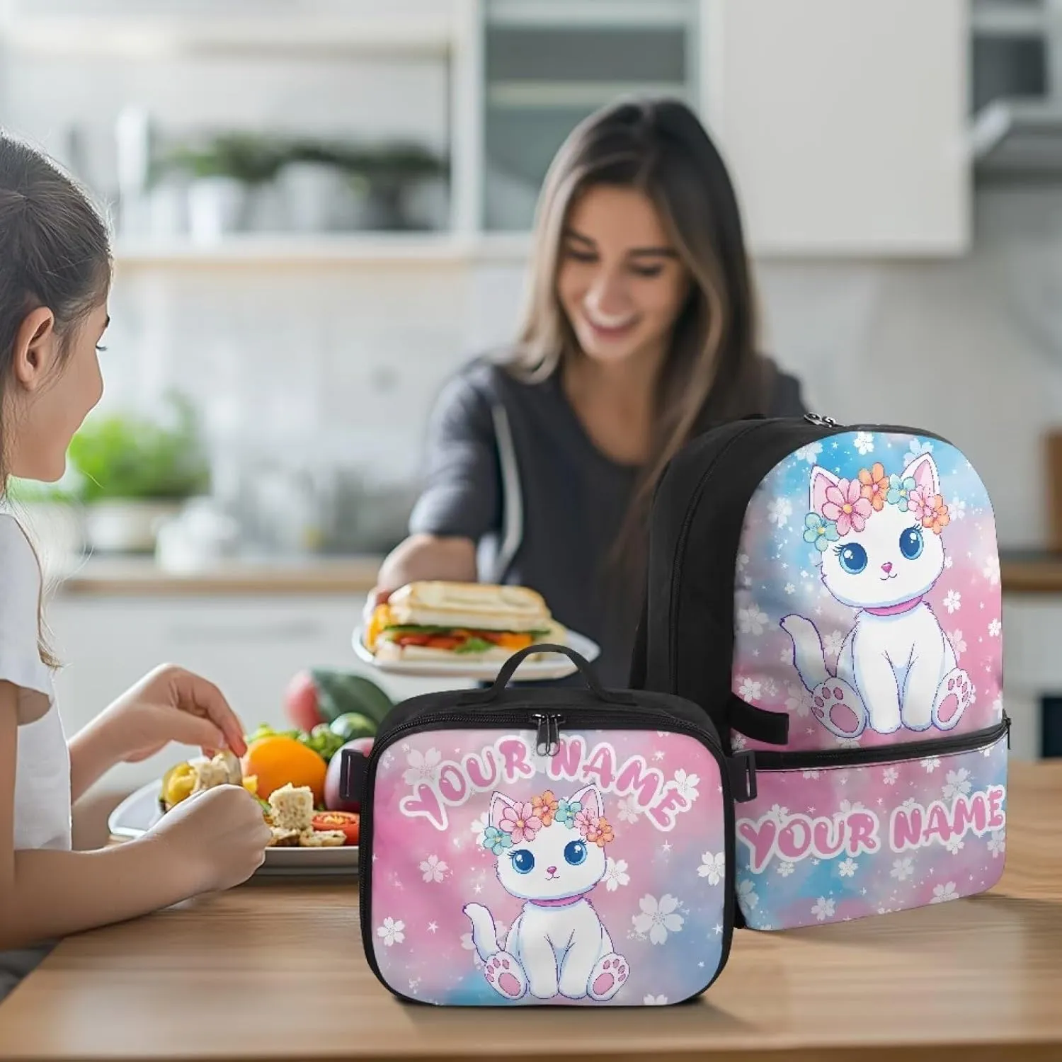 ZOUTAIRONG Pink School Bags for Girls 7-10/10-12/12-16, Cute White Cat Print Kids Backpacks and Removable Lunch Bag Customized Name Backpack with Side Pockets