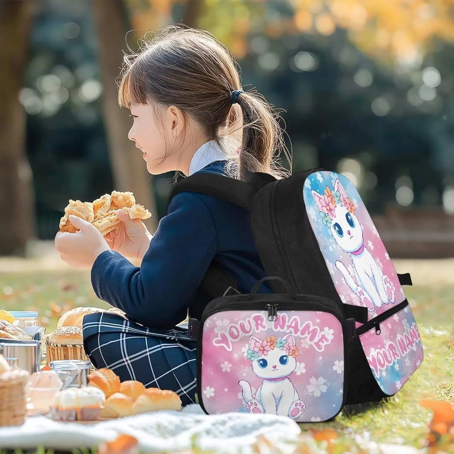ZOUTAIRONG Pink School Bags for Girls 7-10/10-12/12-16, Cute White Cat Print Kids Backpacks and Removable Lunch Bag Customized Name Backpack with Side Pockets