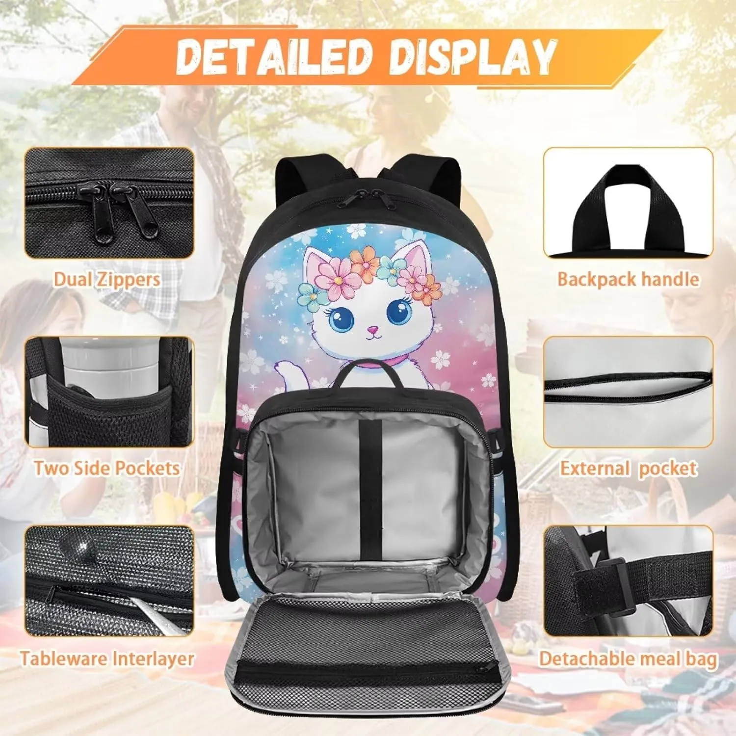 ZOUTAIRONG Pink School Bags for Girls 7-10/10-12/12-16, Cute White Cat Print Kids Backpacks and Removable Lunch Bag Customized Name Backpack with Side Pockets