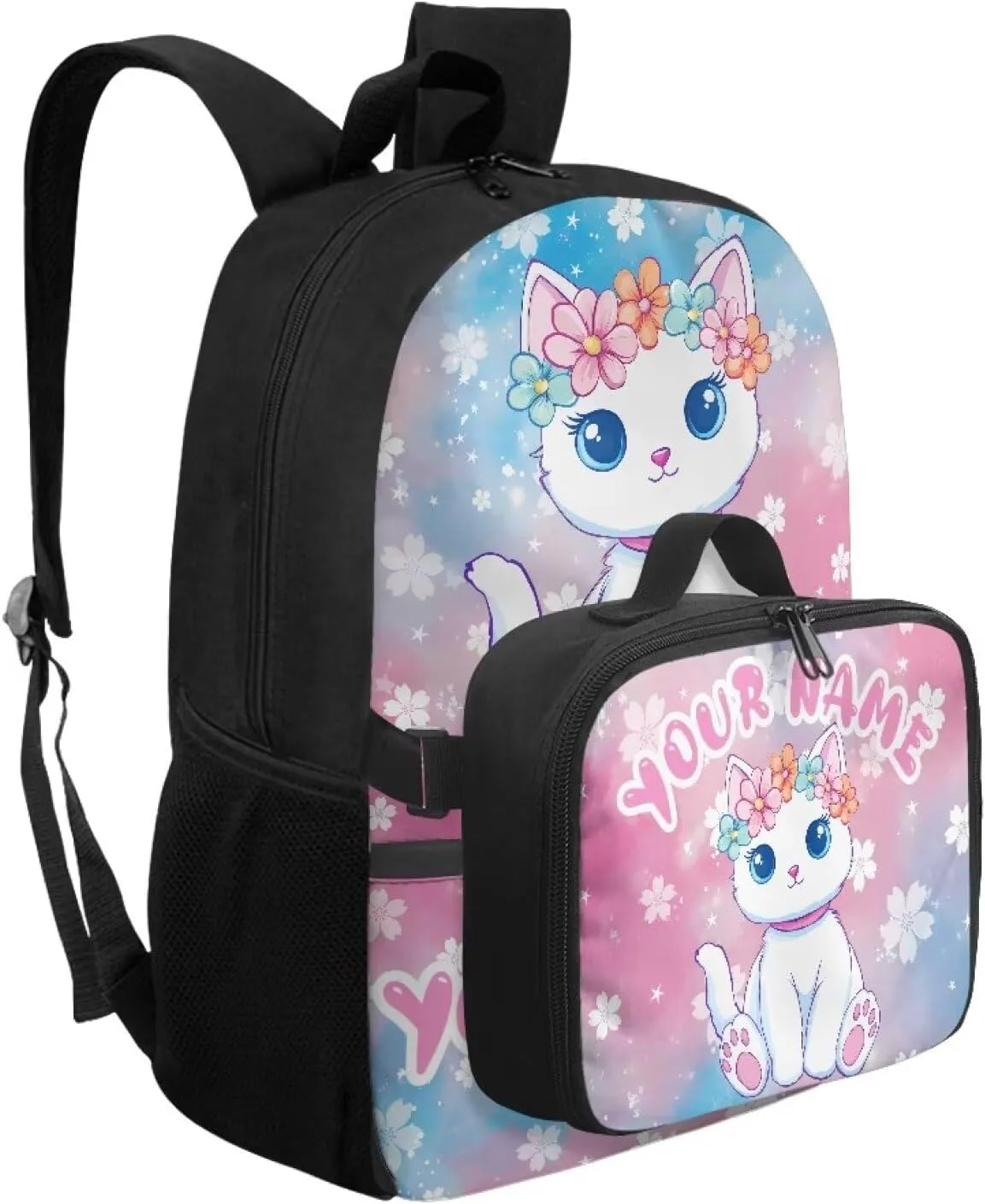 ZOUTAIRONG Pink School Bags for Girls 7-10/10-12/12-16, Cute White Cat Print Kids Backpacks and Removable Lunch Bag Customized Name Backpack with Side Pockets