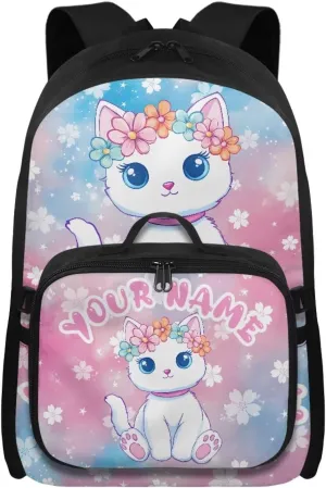 ZOUTAIRONG Pink School Bags for Girls 7-10/10-12/12-16, Cute White Cat Print Kids Backpacks and Removable Lunch Bag Customized Name Backpack with Side Pockets