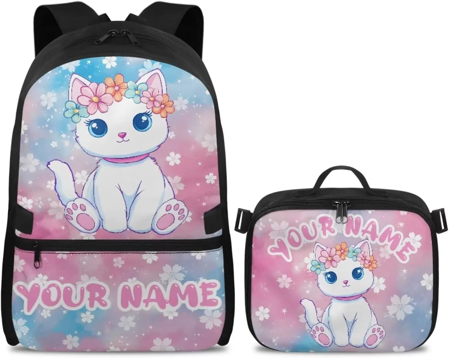ZOUTAIRONG Pink School Bags for Girls 7-10/10-12/12-16, Cute White Cat Print Kids Backpacks and Removable Lunch Bag Customized Name Backpack with Side Pockets